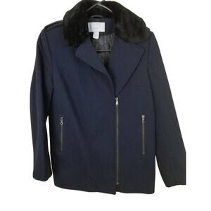 H & M Women's Navy Wool Blend Zippered  Coat size 6 Hip Length 12921/23-9clo